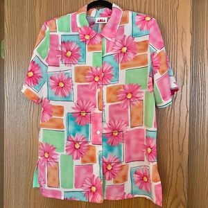 WOMENS ALIA TOP BUTTON UP SHIRT FLORAL HAWAIIAN STYLE SIZE M PINK SILKY